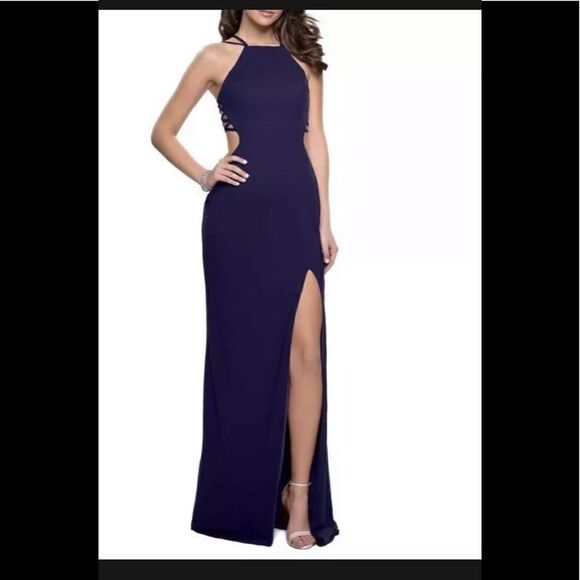 LA FEMME Open Back Jersey Gown Navy size 6 - Picture 1 of 7